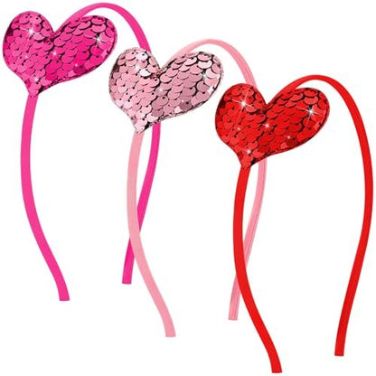 Thiccywoov 3-Pack Valentine's Day Heart Headbands - Red, Pink, Hot Pink Glitter Sequin Hairbands for Women Wedding Party Supplies
