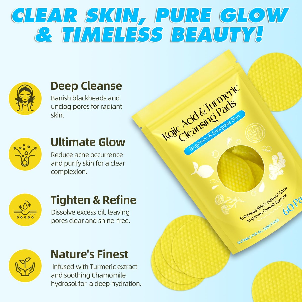 Kojic Acid and Turmeric Cleansing Pads for Face - 60 Pcs, Exfoliating & Balancing Skin Oil & Water - görsel 5