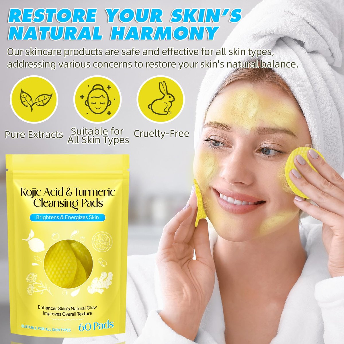 Kojic Acid and Turmeric Cleansing Pads for Face - 60 Pcs, Exfoliating & Balancing Skin Oil & Water - görsel 3