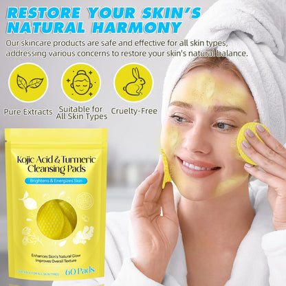 Kojic Acid and Turmeric Cleansing Pads for Face - 60 Pcs, Exfoliating & Balancing Skin Oil & Water