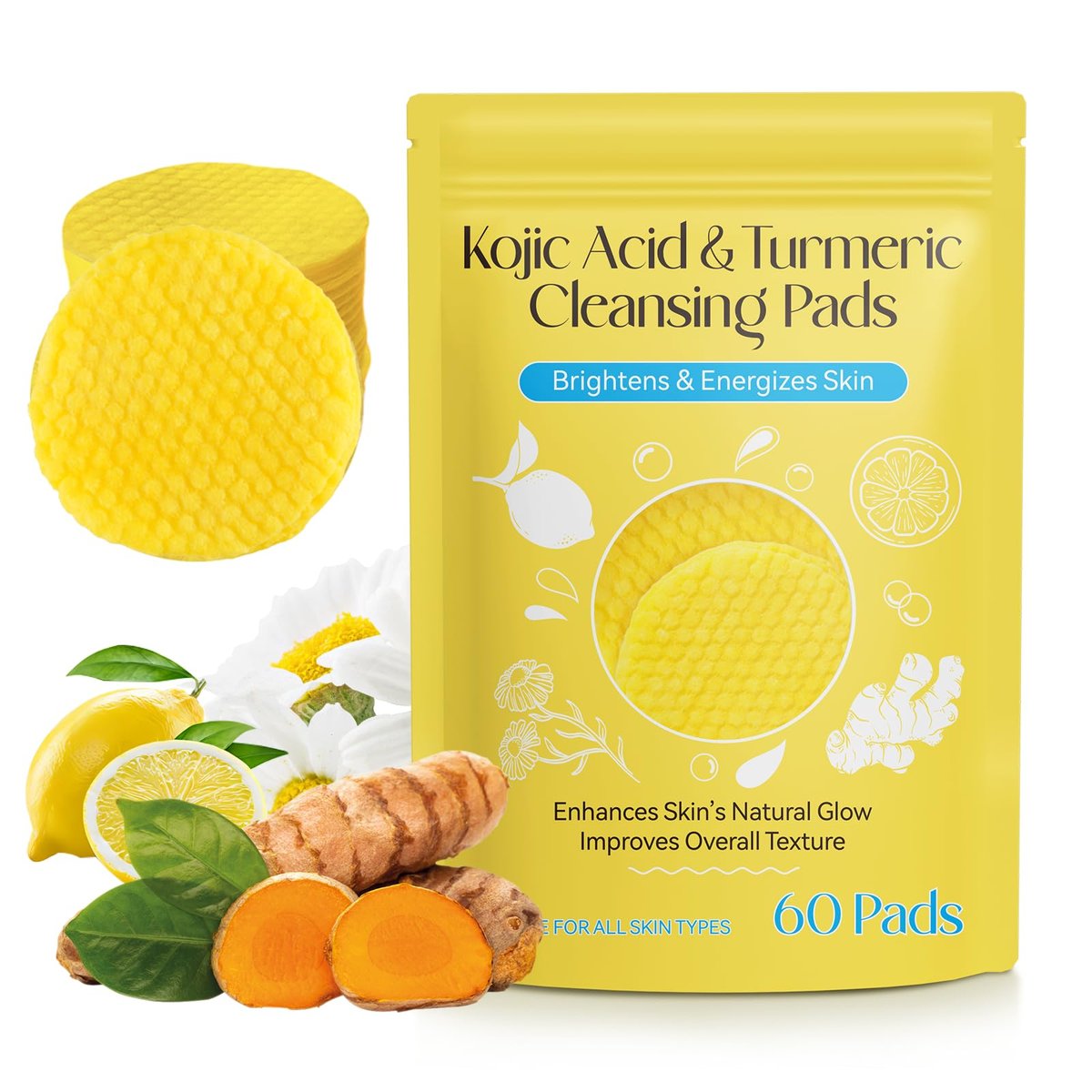 Kojic Acid and Turmeric Cleansing Pads for Face - 60 Pcs, Exfoliating & Balancing Skin Oil & Water - görsel 1