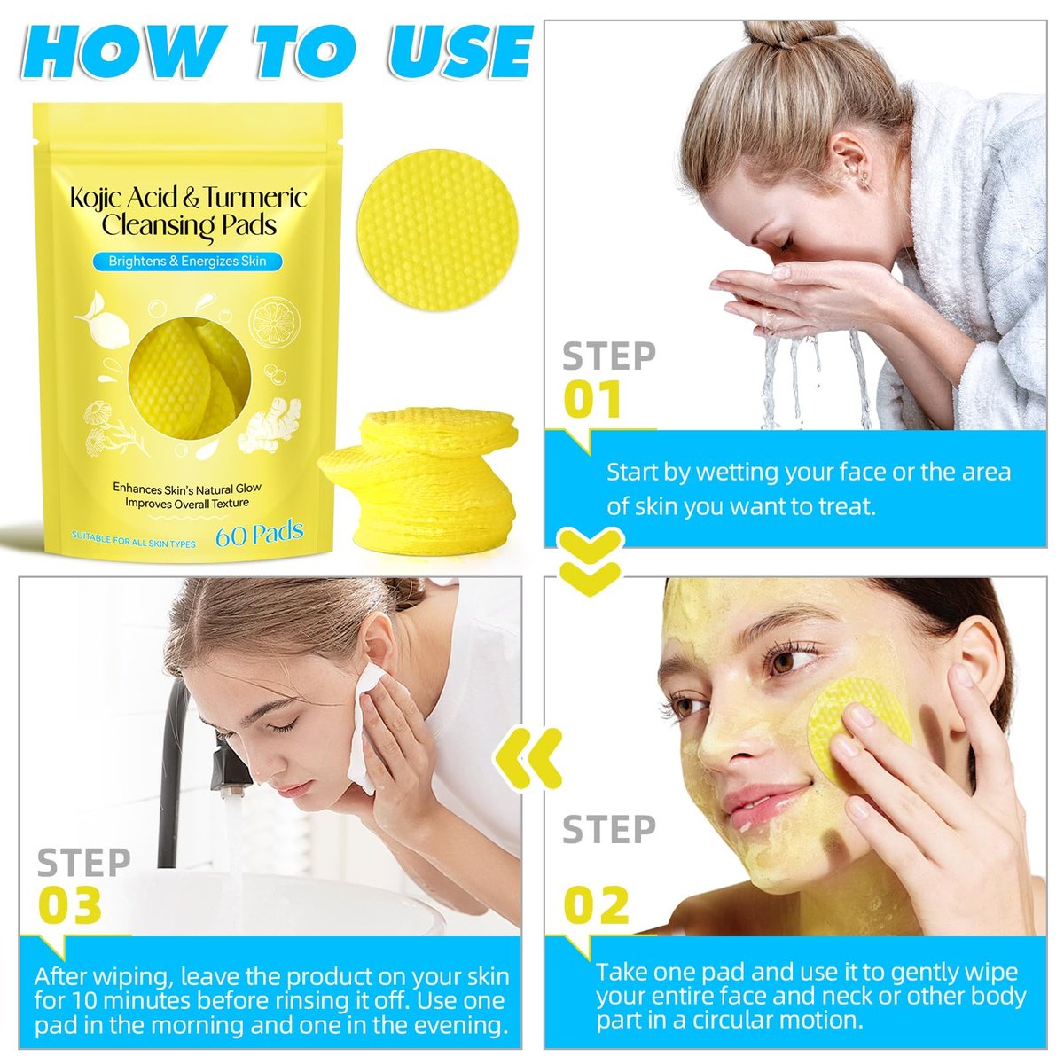 Kojic Acid and Turmeric Cleansing Pads for Face - 60 Pcs, Exfoliating & Balancing Skin Oil & Water - görsel 13