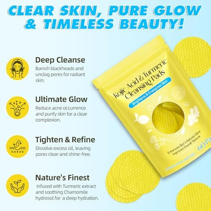 Kojic Acid and Turmeric Cleansing Pads for Face - 60 Pcs, Exfoliating & Balancing Skin Oil & Water