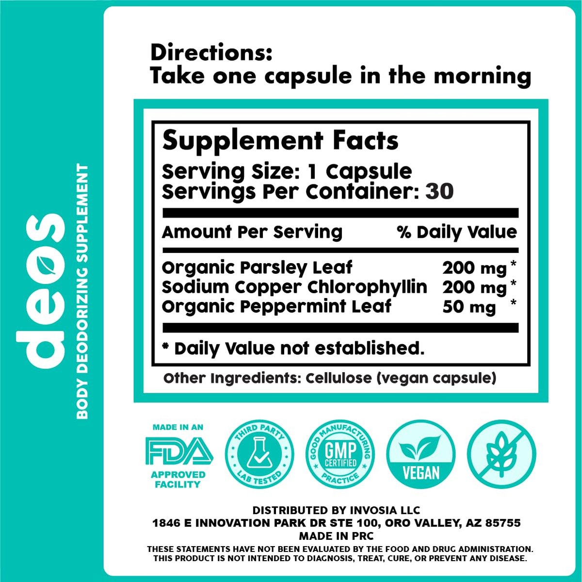 DEOS Internal Deodorant Supplement – Full Body Deodorizer for Gut Health, Skin Health, Detox & Digestion Support – Natural Odor Control Chlorophyll Pills | 30 Capsules Avelisse