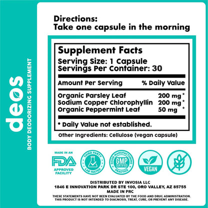 DEOS Internal Deodorant Supplement – Full Body Deodorizer for Gut Health, Skin Health, Detox & Digestion Support – Natural Odor Control Chlorophyll Pills | 30 Capsules Avelisse