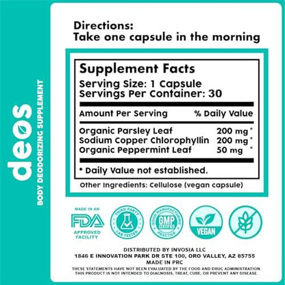 DEOS Internal Deodorant Supplement – Full Body Deodorizer for Gut Health, Skin Health, Detox & Digestion Support – Natural Odor Control Chlorophyll Pills | 30 Capsules Avelisse