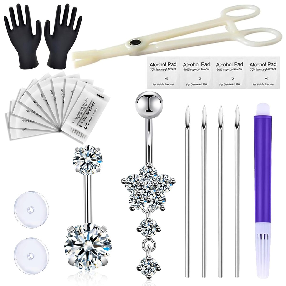 judero Belly Piercing Kit 16-Piece: Complete Belly Button Piercing Supplies with 14G Rings, Clamp, and Sterile Tools Avelisse