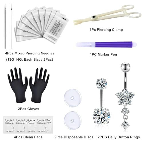 judero Belly Piercing Kit 16-Piece: Complete Belly Button Piercing Supplies with 14G Rings, Clamp, and Sterile Tools Avelisse