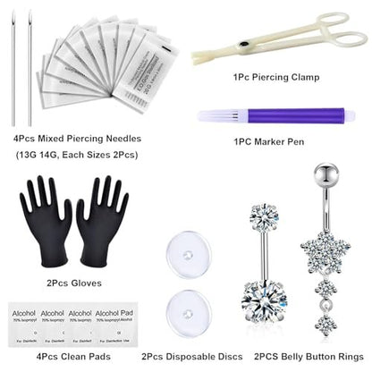 judero Belly Piercing Kit 16-Piece: Complete Belly Button Piercing Supplies with 14G Rings, Clamp, and Sterile Tools Avelisse