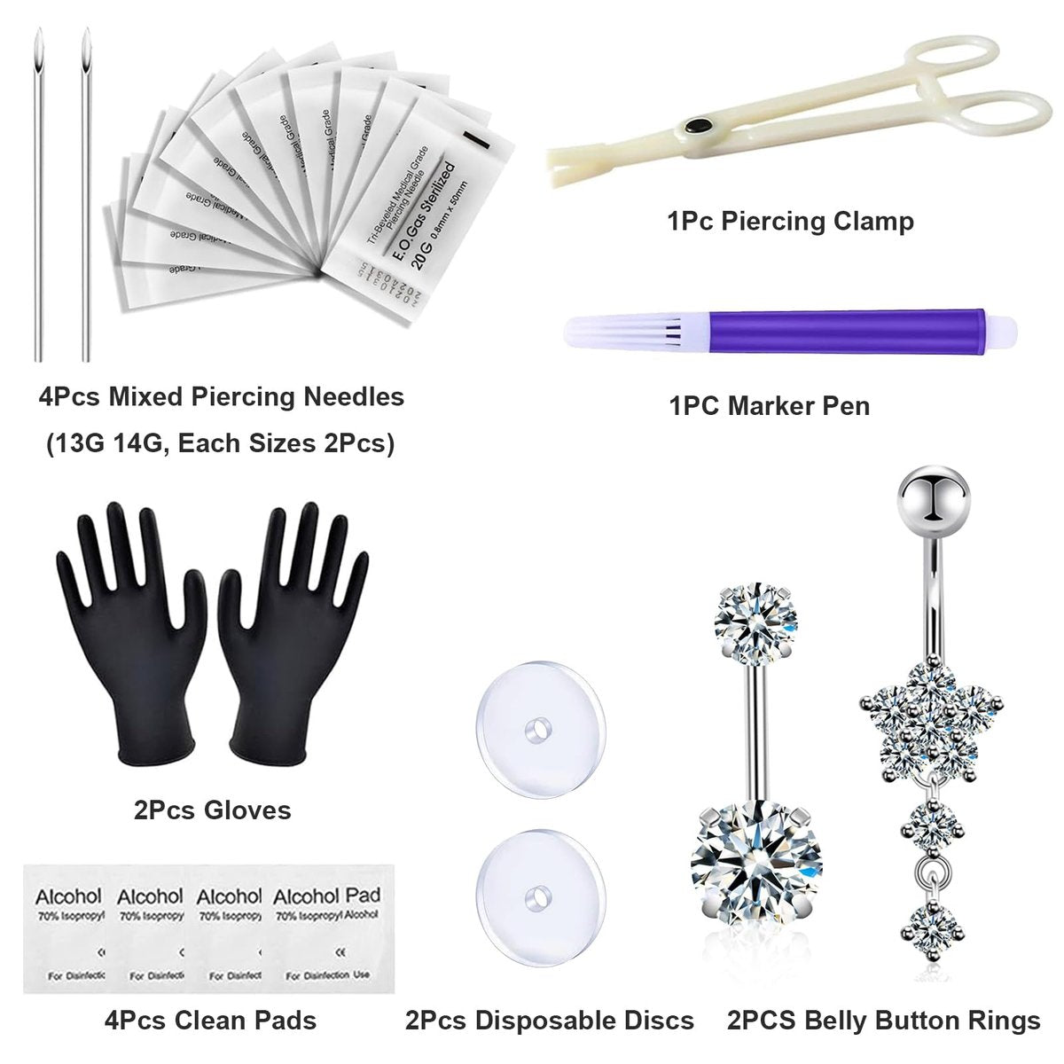 judero Belly Piercing Kit 16-Piece: Complete Belly Button Piercing Supplies with 14G Rings, Clamp, and Sterile Tools Avelisse