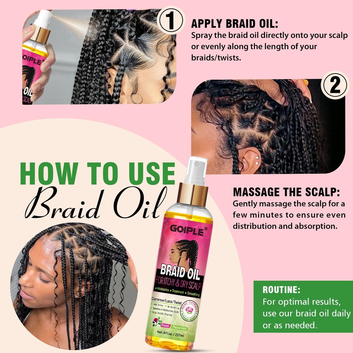 Goiple Braid Oil for Scalp – Soothes Dry & Itchy Scalp, Moisturizes Braids, Locs & Twists, Reduces Frizz & Enhances Shine, 8 fl oz - görsel 11