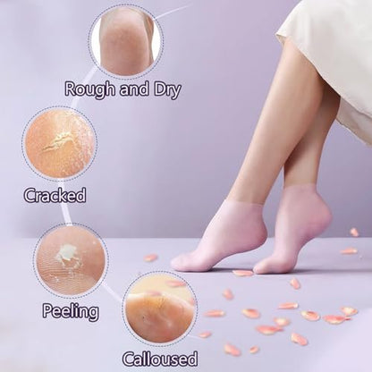 TEAWOO 4 Pairs Silicone Socks & Gloves Set for Dry Cracked Feet and Hands - Reusable Moisturizing Foot Socks for Women