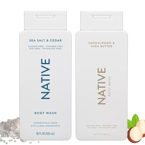 Native Body Wash, 2 Pack - Sandalwood and Shea Butter & Sea Salt and Cedar 18oz Each, Sulfate-Free, Paraben-Free, Clean Body Cleanser for All Skin Types Avelisse