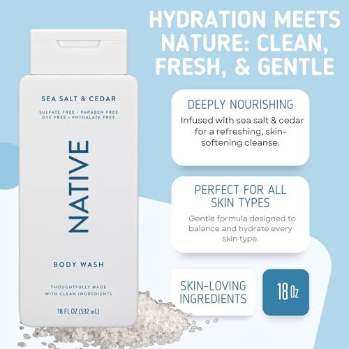Native Body Wash, 2 Pack - Sandalwood and Shea Butter & Sea Salt and Cedar 18oz Each, Sulfate-Free, Paraben-Free, Clean Body Cleanser for All Skin Types Avelisse