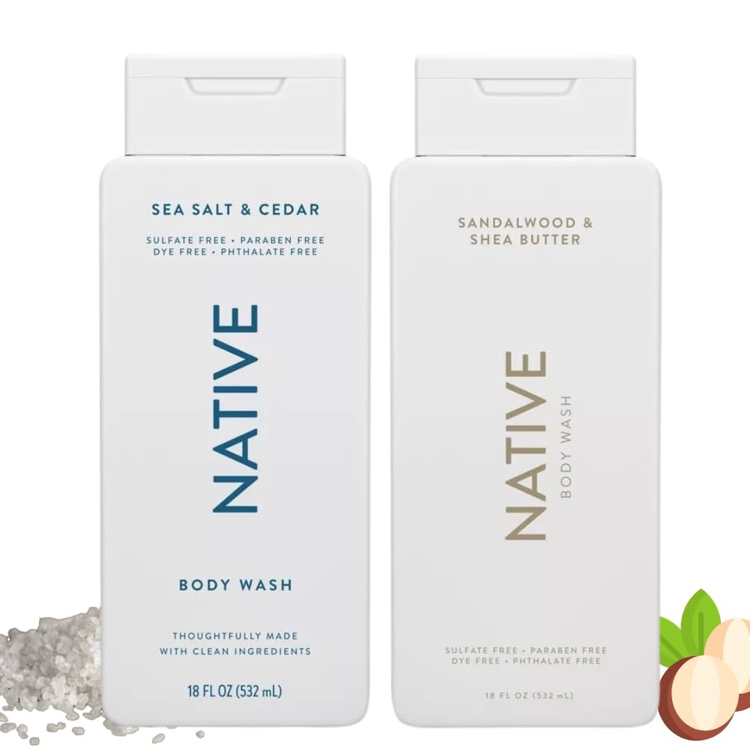 Native Body Wash, 2 Pack - Sandalwood and Shea Butter & Sea Salt and Cedar 18oz Each, Sulfate-Free, Paraben-Free, Clean Body Cleanser for All Skin Types Avelisse
