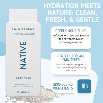 Native Body Wash, 2 Pack - Sandalwood and Shea Butter & Sea Salt and Cedar 18oz Each, Sulfate-Free, Paraben-Free, Clean Body Cleanser for All Skin Types Avelisse