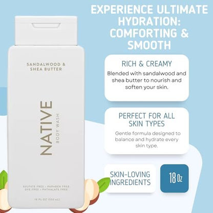Native Body Wash, 2 Pack - Sandalwood and Shea Butter & Sea Salt and Cedar 18oz Each, Sulfate-Free, Paraben-Free, Clean Body Cleanser for All Skin Types Avelisse