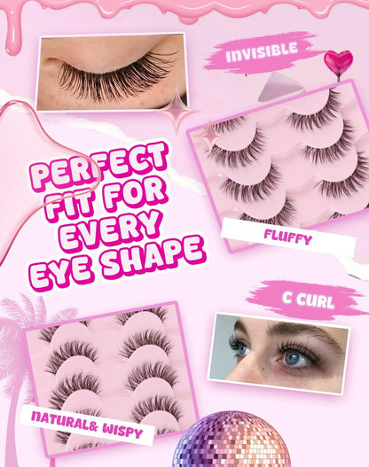Adious Natural Look Clear Band Eyelashes - Short Wispy Fluffy Lashes for Everyday Volume (AD22)
