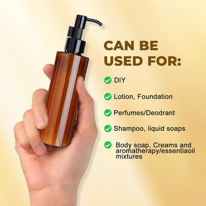 2 Pack 200ml/6.7oz Amber Plastic Pump Bottles – Refillable Leakproof Lotion Dispensers with Black Lock Pump for Shampoo, Makeup Remover, Essential Oils & Toiletries