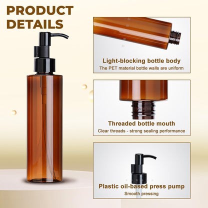 2 Pack 200ml/6.7oz Amber Plastic Pump Bottles – Refillable Leakproof Lotion Dispensers with Black Lock Pump for Shampoo, Makeup Remover, Essential Oils & Toiletries