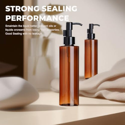 2 Pack 200ml/6.7oz Amber Plastic Pump Bottles – Refillable Leakproof Lotion Dispensers with Black Lock Pump for Shampoo, Makeup Remover, Essential Oils & Toiletries