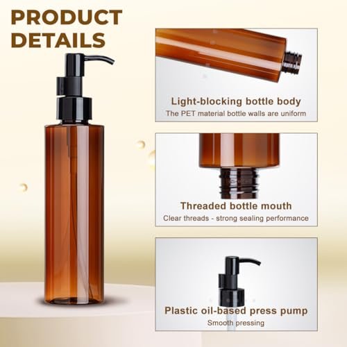 2 Pack 200ml/6.7oz Amber Plastic Pump Bottles – Refillable Leakproof Lotion Dispensers with Black Lock Pump for Shampoo, Makeup Remover, Essential Oils & Toiletries - görsel 6