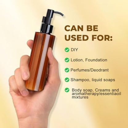2 Pack 200ml/6.7oz Amber Plastic Pump Bottles – Refillable Leakproof Lotion Dispensers with Black Lock Pump for Shampoo, Makeup Remover, Essential Oils & Toiletries