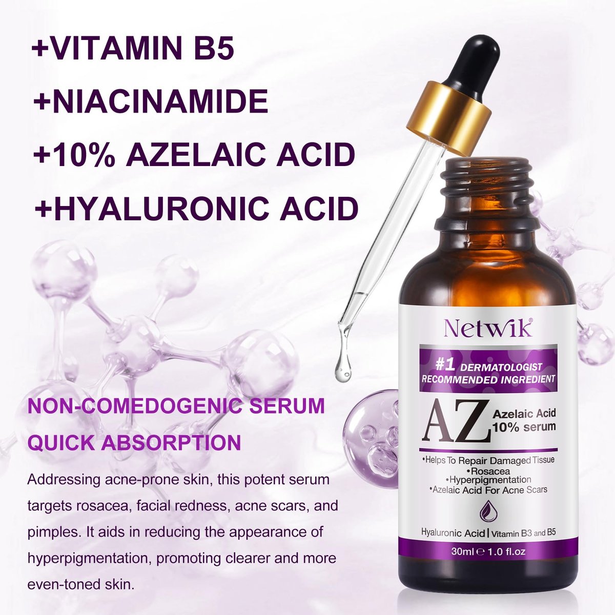 Azelaic Acid 10% Serum with Niacinamide & Hyaluronic Acid - Acne Treatment, Redness Relief, Rosacea Skin Care & Radiance Booster - 1 Fl Oz Avelisse