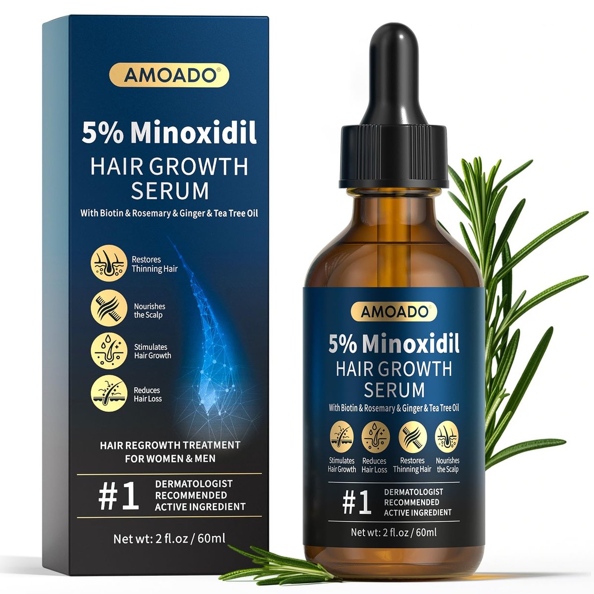 5% Minoxidil for Men and Women Hair Growth - AMOADO Hair Regrowth Serum with Rosemary & Biotin for Thicker, Fuller Hair & Beard Growth - 2 fl oz - görsel 1