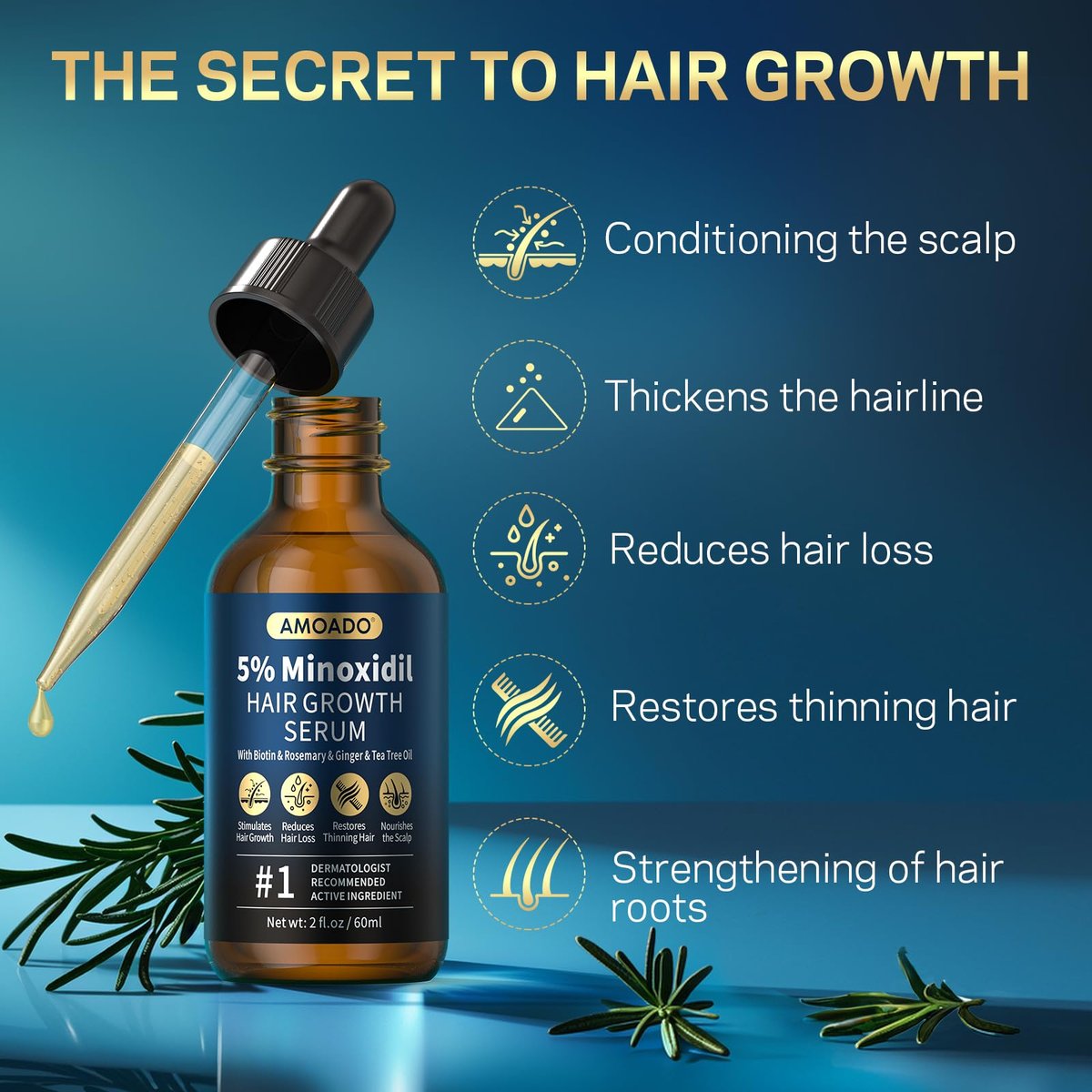 5% Minoxidil for Men and Women Hair Growth - AMOADO Hair Regrowth Serum with Rosemary & Biotin for Thicker, Fuller Hair & Beard Growth - 2 fl oz - görsel 11