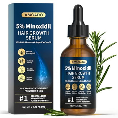5% Minoxidil for Men and Women Hair Growth - AMOADO Hair Regrowth Serum with Rosemary & Biotin for Thicker, Fuller Hair & Beard Growth - 2 fl oz
