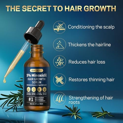 5% Minoxidil for Men and Women Hair Growth - AMOADO Hair Regrowth Serum with Rosemary & Biotin for Thicker, Fuller Hair & Beard Growth - 2 fl oz