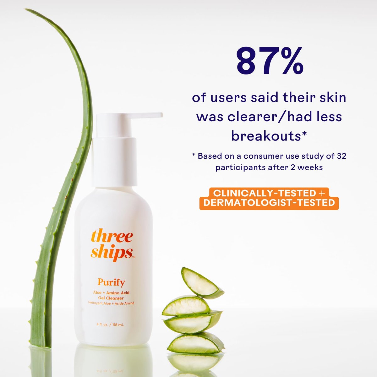 Three Ships Purify Aloe + Amino Acid Gel Cleanser | Moisturizing Face Wash for Sensitive Skin | Cruelty-Free, Vegan, Paraben-Free (4 fl oz | 118 mL) Avelisse