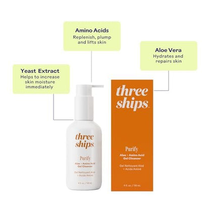 Three Ships Purify Aloe + Amino Acid Gel Cleanser | Moisturizing Face Wash for Sensitive Skin | Cruelty-Free, Vegan, Paraben-Free (4 fl oz | 118 mL) Avelisse