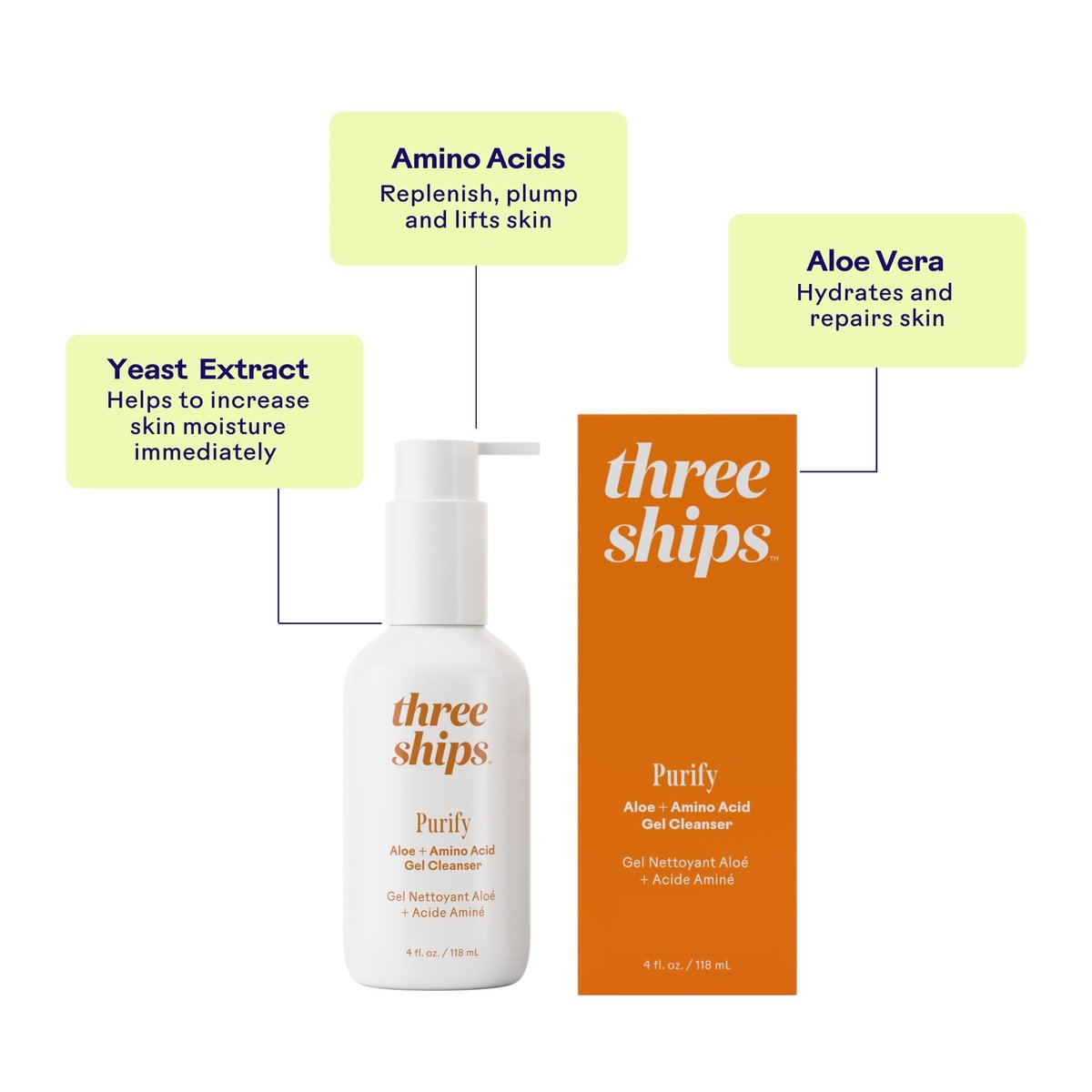 Three Ships Purify Aloe + Amino Acid Gel Cleanser | Moisturizing Face Wash for Sensitive Skin | Cruelty-Free, Vegan, Paraben-Free (4 fl oz | 118 mL) Avelisse