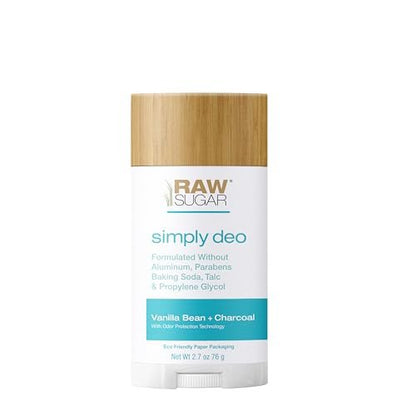 RAW SUGAR Simply Deo Deodorant Stick, Vanilla Bean + Charcoal, 2.7 oz, Aluminum-Free, Baking Soda-Free, Whole Body Deodorant for Women & Men