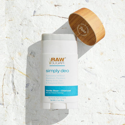 RAW SUGAR Simply Deo Deodorant Stick, Vanilla Bean + Charcoal, 2.7 oz, Aluminum-Free, Baking Soda-Free, Whole Body Deodorant for Women & Men