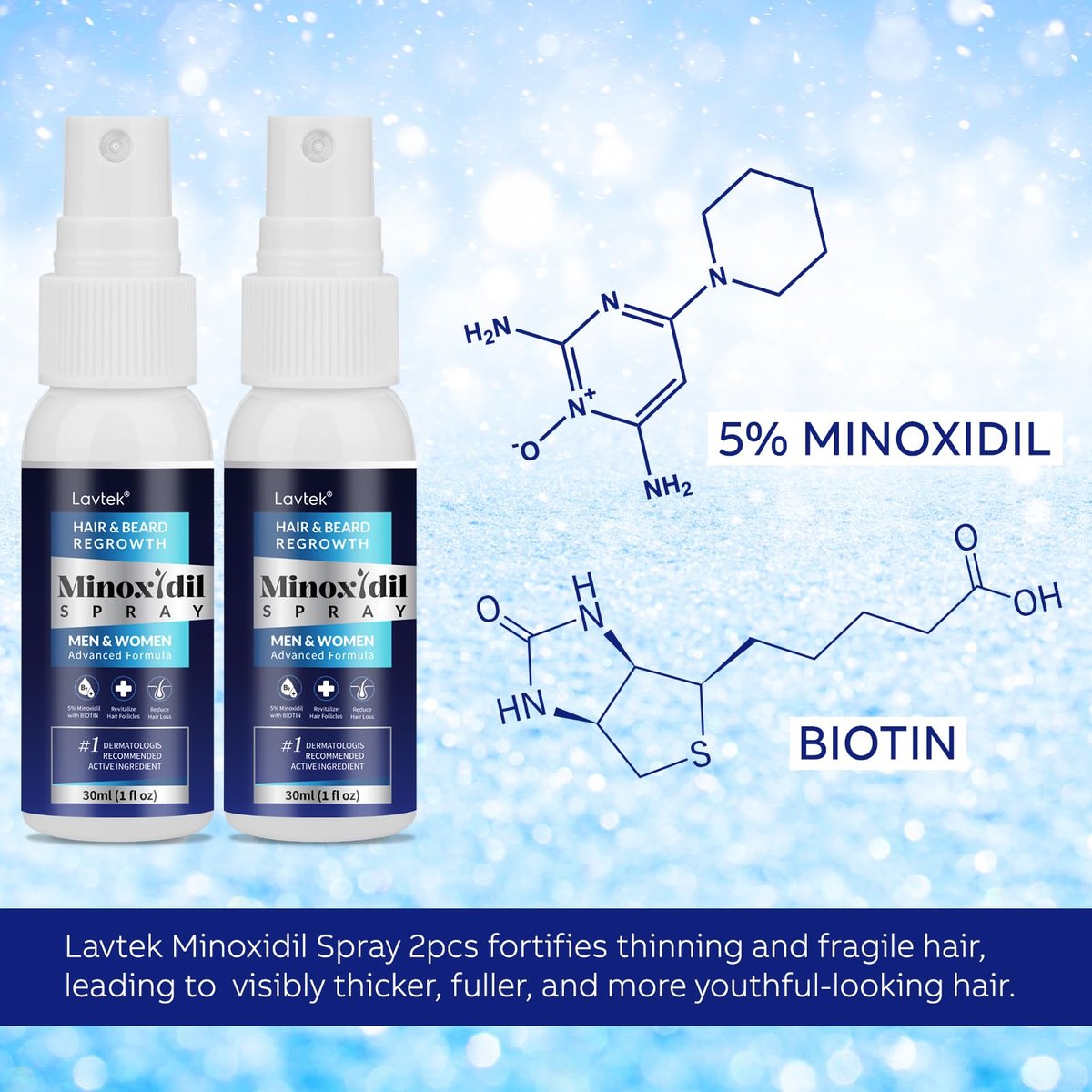 5% Minoxidil Hair Regrowth Spray for Men and Women - 2 Pack Avelisse