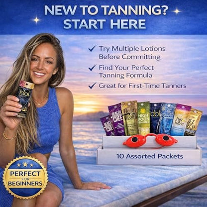 10 Pack Tanning Bed Lotion Packets + Eyewear: Indoor UV & Outdoor Sun Cream with Dark Accelerator (0.5 oz Each) Avelisse
