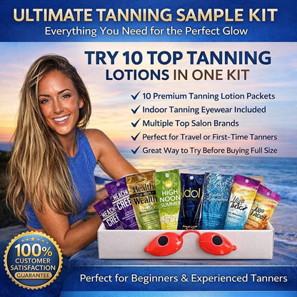 10 Pack Tanning Bed Lotion Packets + Eyewear: Indoor UV & Outdoor Sun Cream with Dark Accelerator (0.5 oz Each) Avelisse