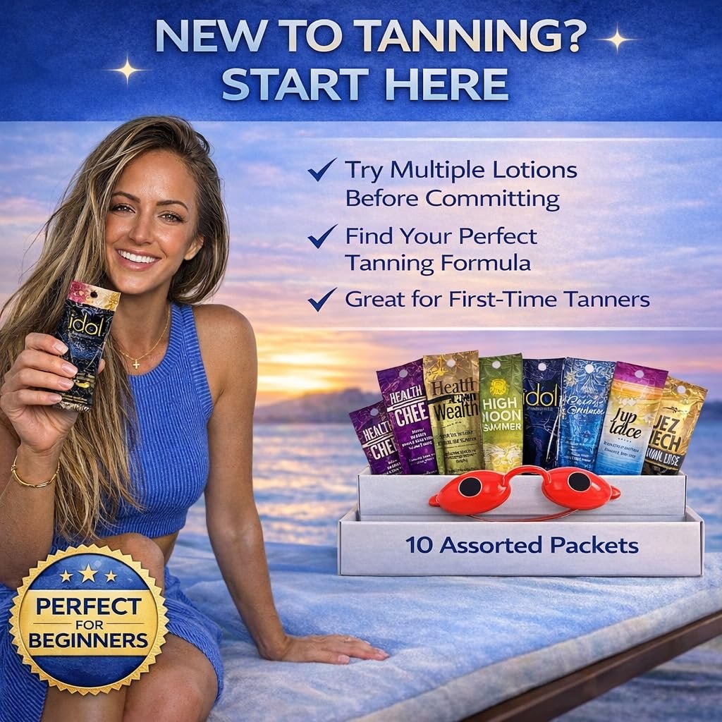 10 Pack Tanning Bed Lotion Packets + Eyewear: Indoor UV & Outdoor Sun Cream with Dark Accelerator (0.5 oz Each) Avelisse