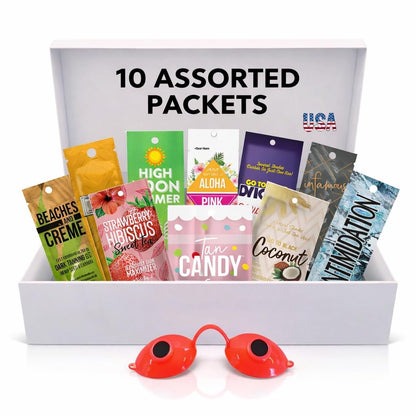10 Pack Tanning Bed Lotion Packets + Eyewear: Indoor UV & Outdoor Sun Cream with Dark Accelerator (0.5 oz Each) Avelisse