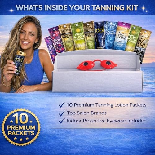 10 Pack Tanning Bed Lotion Packets + Eyewear: Indoor UV & Outdoor Sun Cream with Dark Accelerator (0.5 oz Each) Avelisse