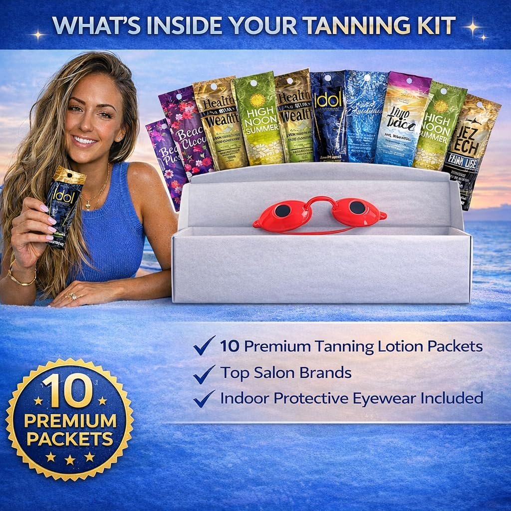 10 Pack Tanning Bed Lotion Packets + Eyewear: Indoor UV & Outdoor Sun Cream with Dark Accelerator (0.5 oz Each) Avelisse