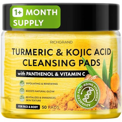 Turmeric Kojic Acid Cleansing Pads for Face - Exfoliating Sponges with Vitamin C & Lemon - Foaming Facial Wash for Glowing Skin & Uneven Tone Support - Gentle Daily Scrub