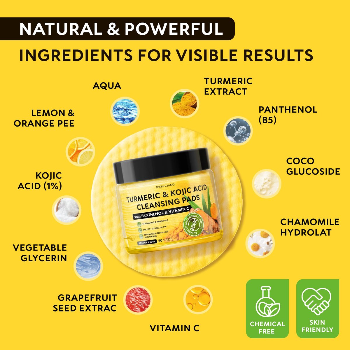Turmeric Kojic Acid Cleansing Pads for Face - Exfoliating Sponges with Vitamin C & Lemon - Foaming Facial Wash for Glowing Skin & Uneven Tone Support - Gentle Daily Scrub - görsel 7