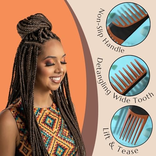 ALAZCO Premium Duo Combo Detangling Hair Lifting Comb - Wide Tooth Teasing Comb for Curly, Straight, Thick, Wavy, Afro Hair - Heat Resistant Non-Slip - Brown 7.5" - görsel 4