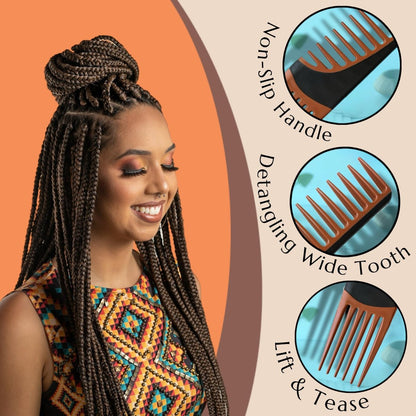 ALAZCO Premium Duo Combo Detangling Hair Lifting Comb - Wide Tooth Teasing Comb for Curly, Straight, Thick, Wavy, Afro Hair - Heat Resistant Non-Slip - Brown 7.5"
