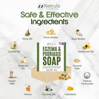 Natrulo Eczema Soap Bar for Face and Body – All Natural Dermatitis, Psoriasis Treatment for Dry Itchy Sensitive Skin Relief – Gentle Detoxifying, Healing, Anti-Itch, Oatmeal Goat Milk Wash for Kids & Adults (5 oz)