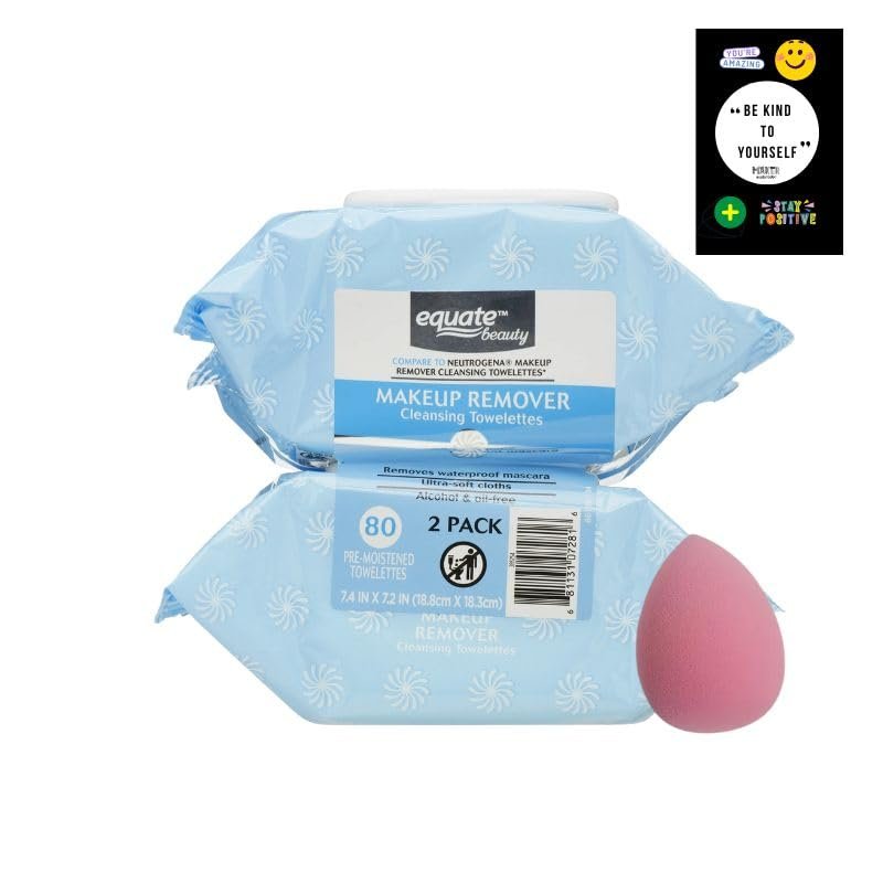 Equate Beauty Makeup Remover Cleansing Towelettes - 80 Count (2 Pack) with Makeup Sponge Avelisse